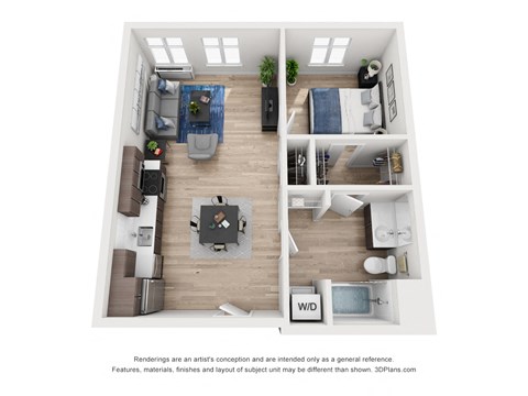 Floor plan for 1 bed, 1 bath, 636 sqft